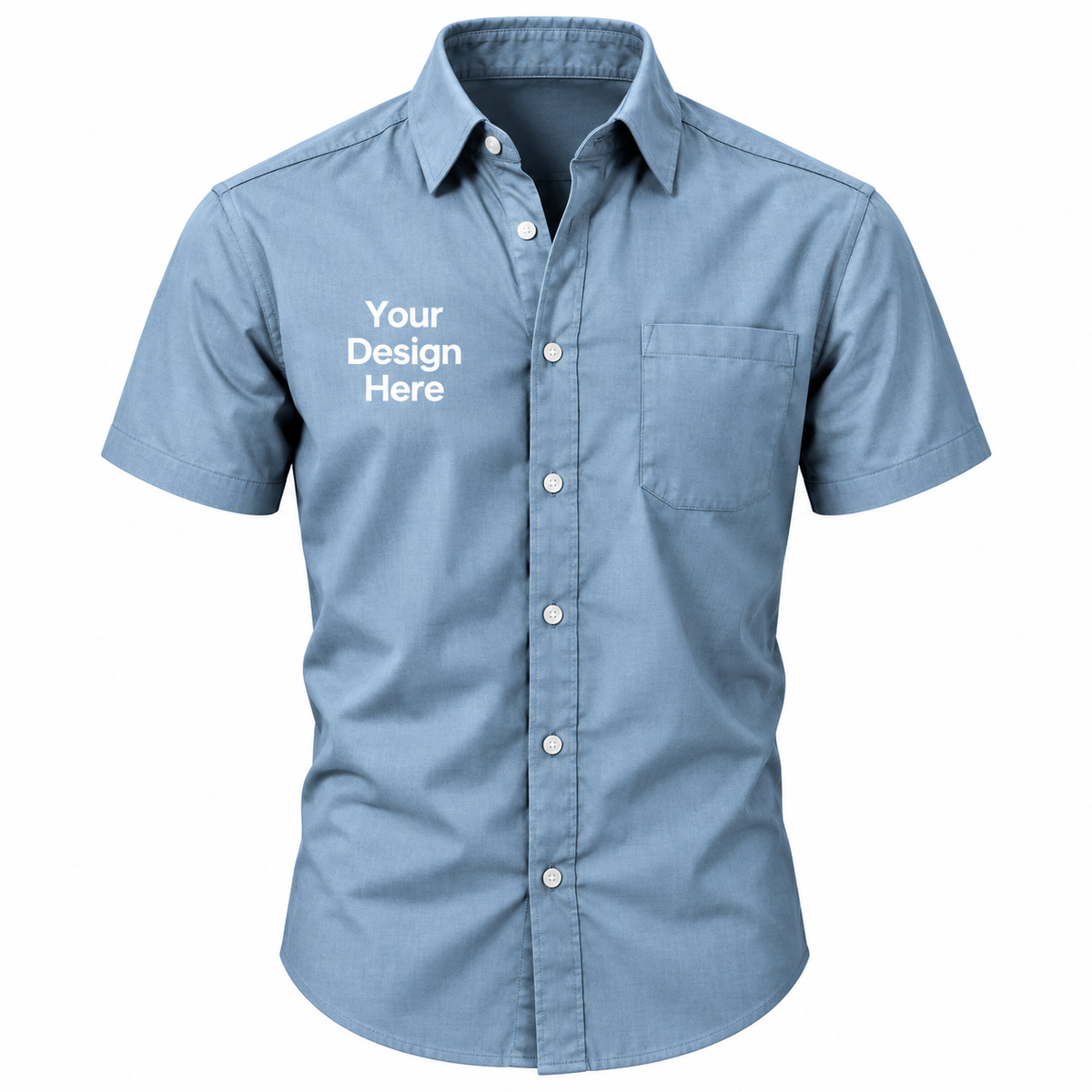 Light blue custom men's short sleeve button-down shirt with logo on left chest