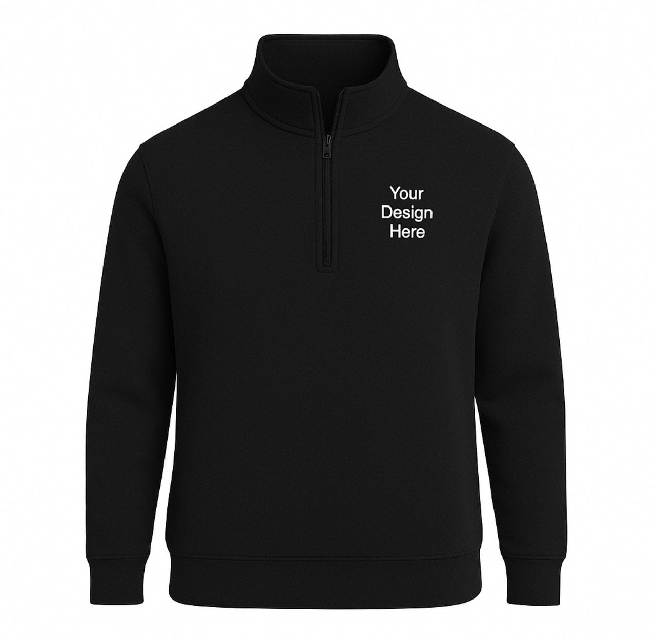 Black Unisex fleece 1/4-zip sweatshirt featuring a full-color DTF printed logo on the left chest. Available in multiple colors from Sharp Stitch in Niles, IL.