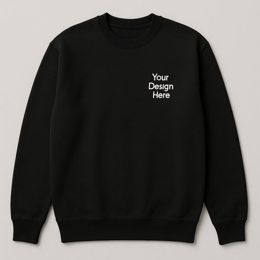 Black sweatshirt with 'Your Design Here' text on a light gray background
Crewneck sweatshirt available in multiple colors, custom printed with your business logo using vibrant, durable full-color DTF printing.