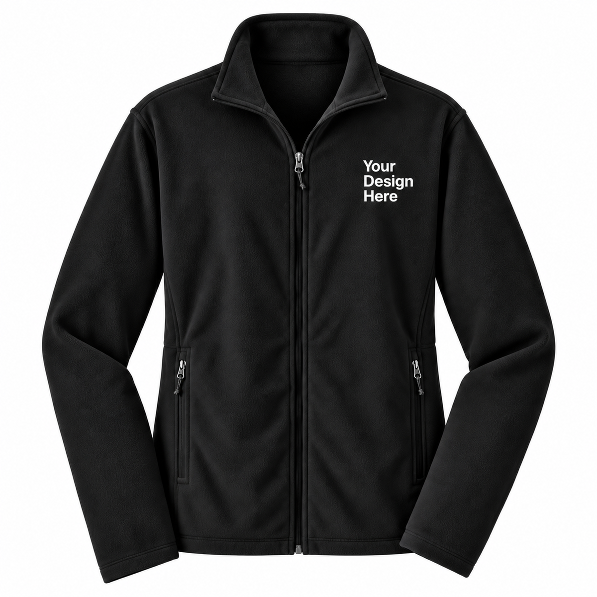 A black zip-up fleece jacket with a mock neck collar, shown on a plain white background. The left chest features white placeholder text reading 'Your Design Here' indicating a customizable print area.