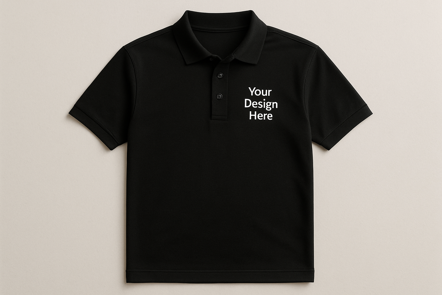 Black polo shirt with 'Your Design Here' text on a beige background
Short sleeve unisex polo shirt with embroidered left chest company logo. Available in multiple colors and sizes from Sharp Stitch in Niles, IL.
