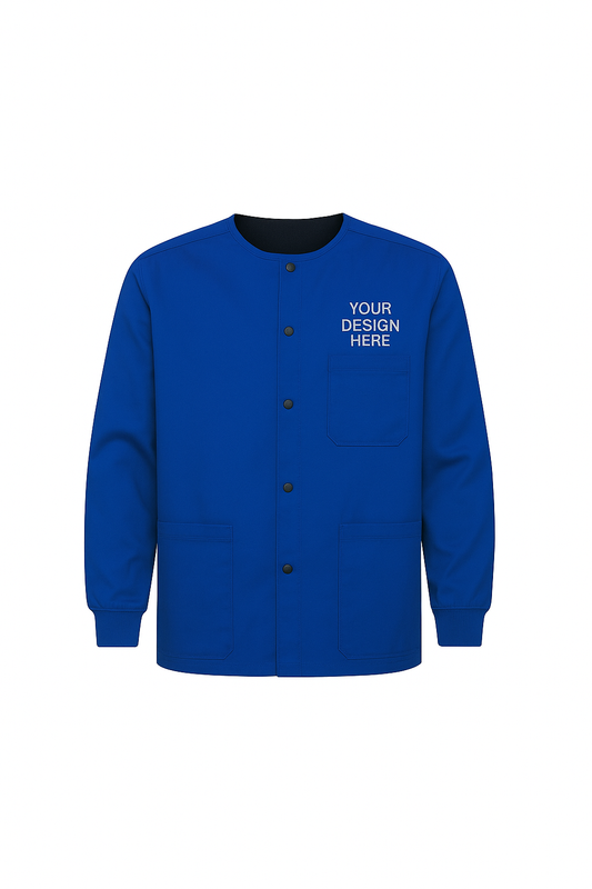 Blue jacket with customizable text area on a white background
Unisex full-sleeve scrub jacket with round neck, snap-button closure, ribbed cuffs, and full-color DTF printed chest logo.