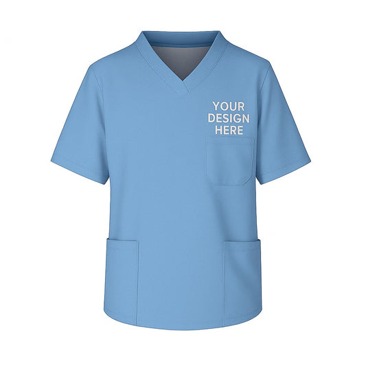 Blue scrub top with 'Your Design Here' text on a white background Short sleeve unisex scrub top with V-neck and left chest custom embroidered hospital or business logo. Designed for healthcare professionals.