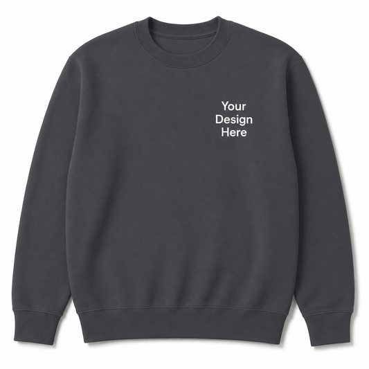 Charcoal gray Gildan crewneck sweatshirt with a left chest embroidery placement. Perfect for custom embroidered company logos, work apparel, promotional clothing, and personalized gifts.