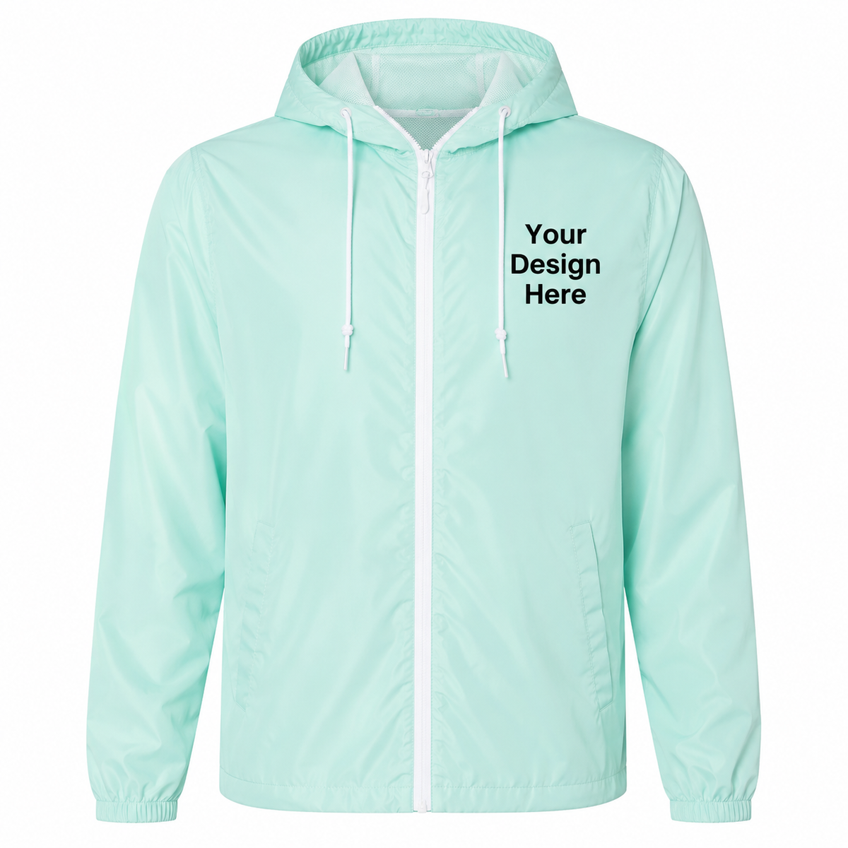 Aqua custom lightweight windbreaker jacket featuring embroidered logo placement and DTF printing.
