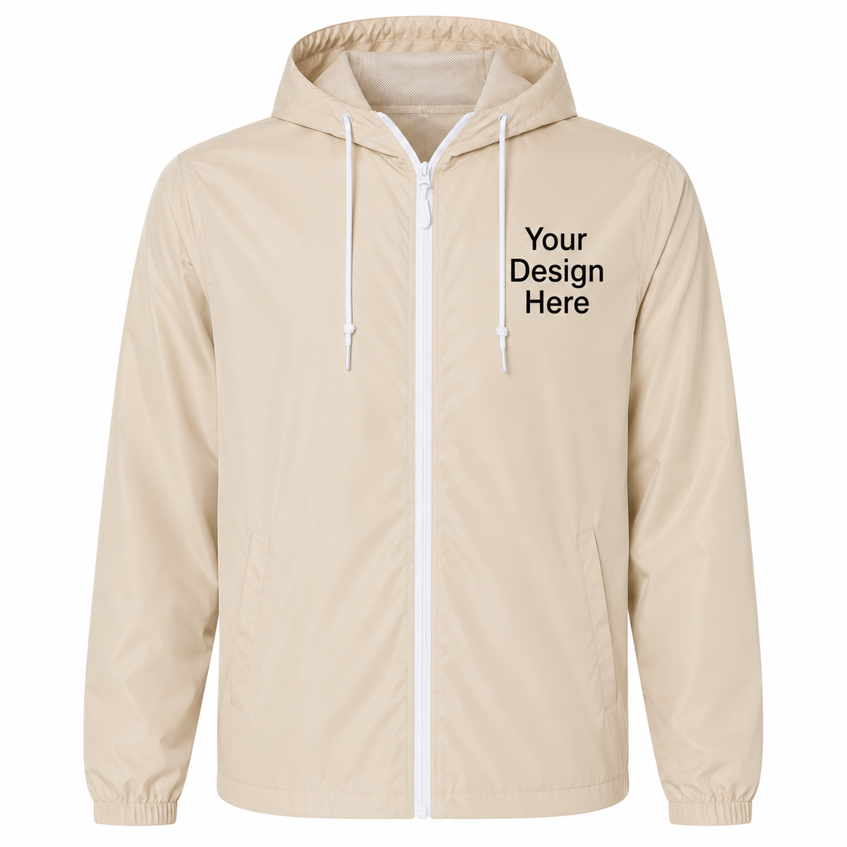 Beige lightweight custom windbreaker jacket with left chest logo embroidery and DTF printing.