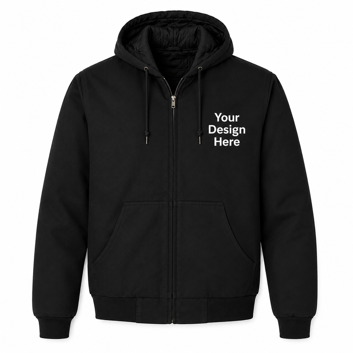 Black custom embroidered duck cloth hooded work jacket with left chest logo customization by Sharp Stitch.