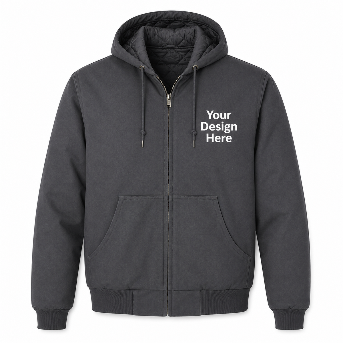 Charcoal duck cloth hooded work jacket with custom left chest embroidery for company uniforms by Sharp Stitch.
