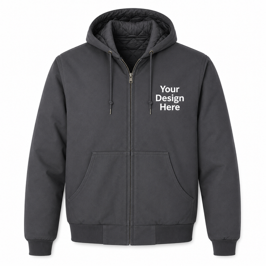 Charcoal duck cloth hooded work jacket with custom left chest embroidery for company uniforms by Sharp Stitch.