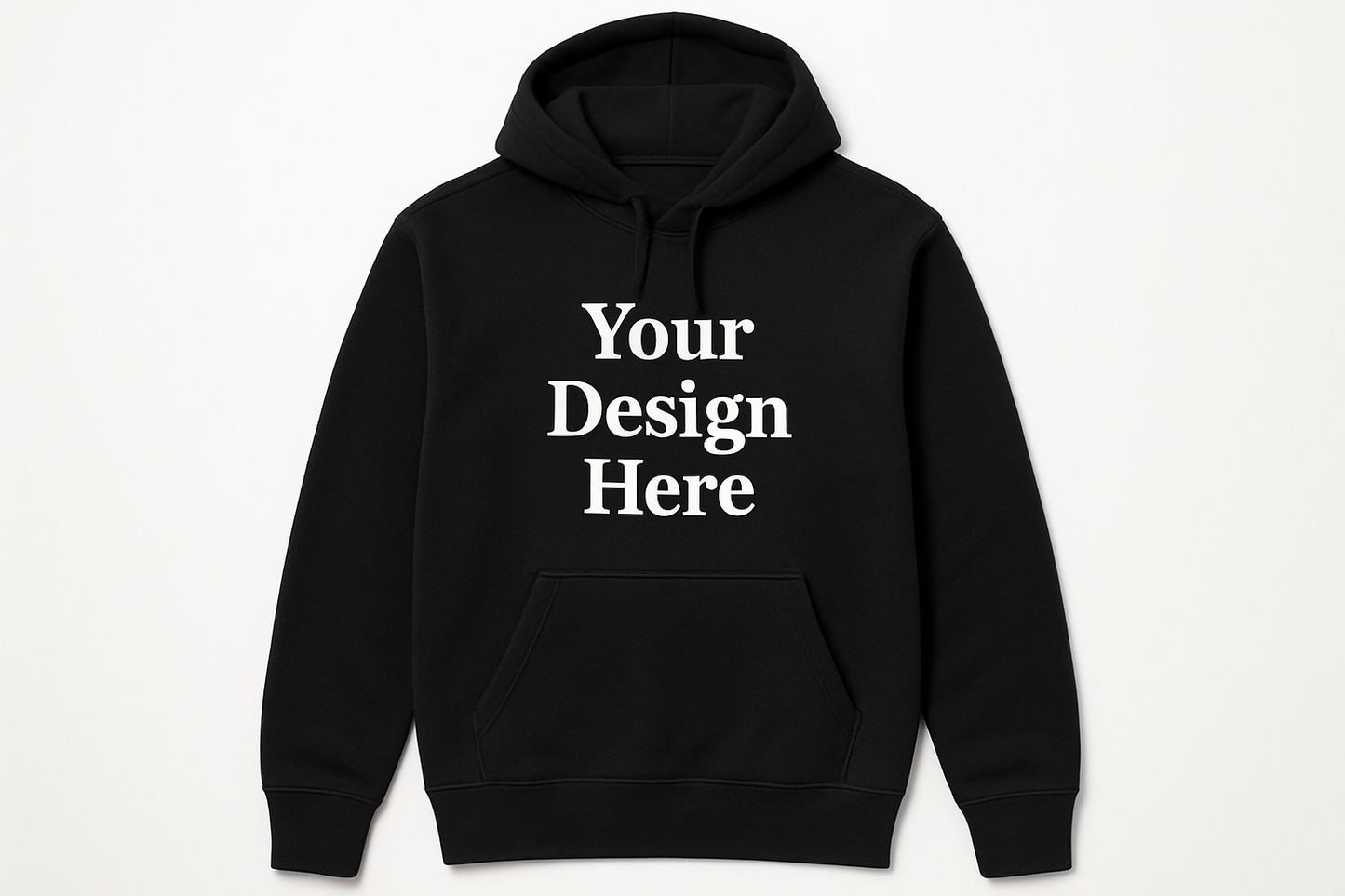 On a plain black hoodie, add text : Your Design Here 
Unisex T-shirt, crewneck, and hoodie featuring a large centered full-color DTF printed design. Available in multiple sizes and colors from Sharp Stitch in Niles, IL.