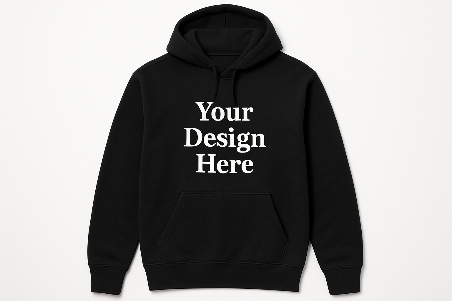 On a plain black hoodie, add text : Your Design Here 
Unisex T-shirt, crewneck, and hoodie featuring a large centered full-color DTF printed design. Available in multiple sizes and colors from Sharp Stitch in Niles, IL.