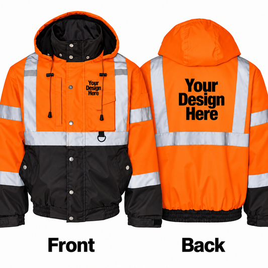 Custom orange and black ripstop safety bomber jacket front and back DTF logo placement on white