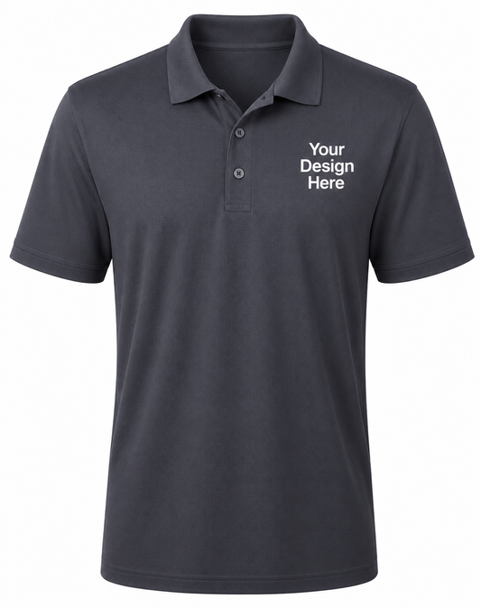 Charcoal custom performance polo with white left chest logo design, moisture-wicking work polo by Sharp Stitch