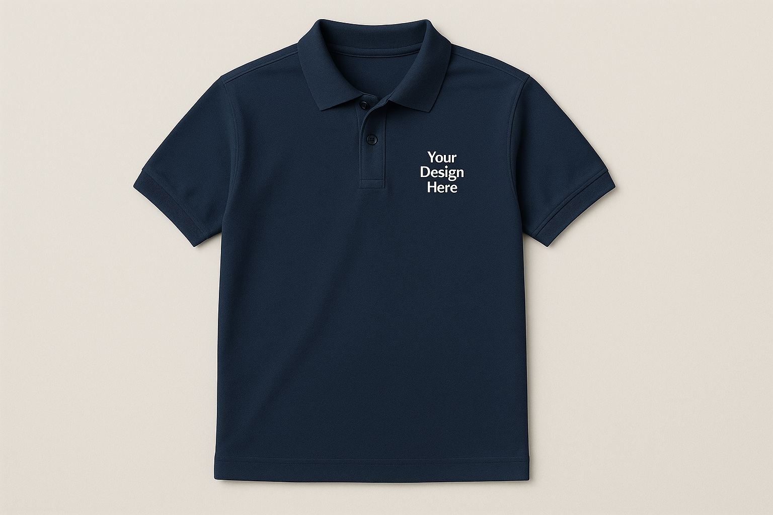 On a plain navy blue polo, add small text to the top right DTF Print: Your Design Here