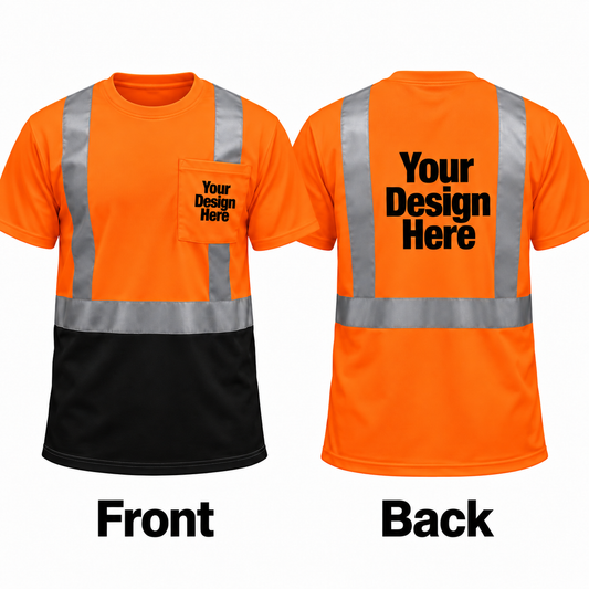 Custom safety orange black-bottom reflective T-shirt with front and back DTF logo placement
