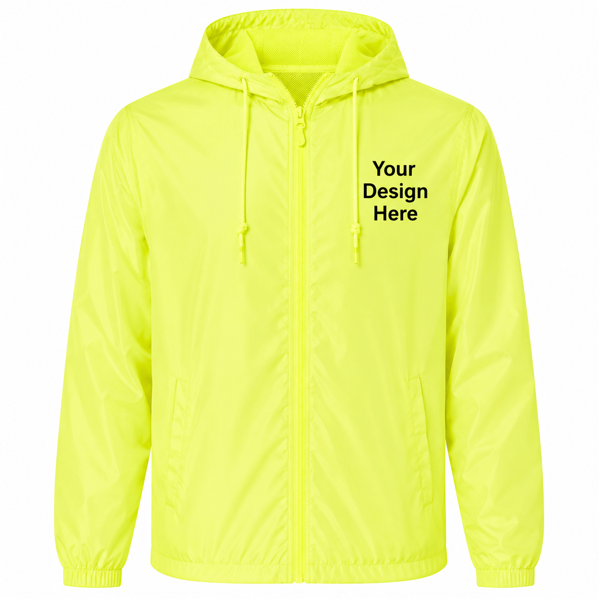 Fluorescent safety green custom windbreaker jacket for embroidered logos, workwear, and team apparel.