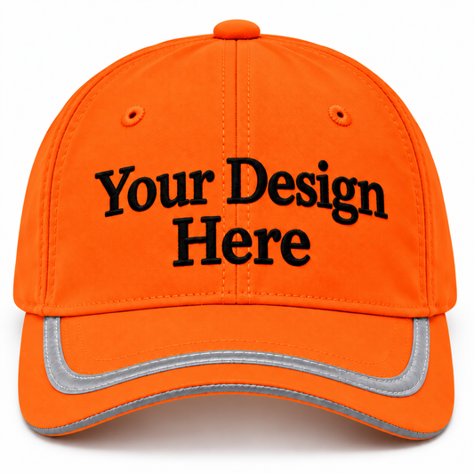 Safety Orange reflective cap front view with custom logo embroidery