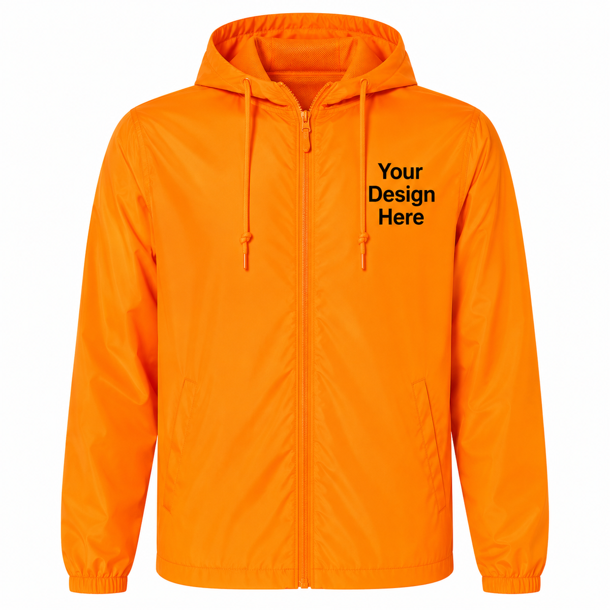 High-visibility safety orange windbreaker jacket customized with embroidered company logos and DTF printing.