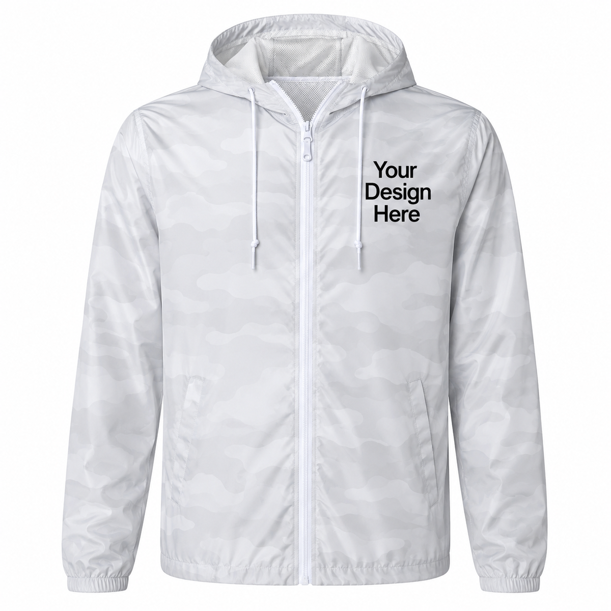 White camouflage windbreaker jacket customized with embroidered logos or DTF printing for businesses and teams.