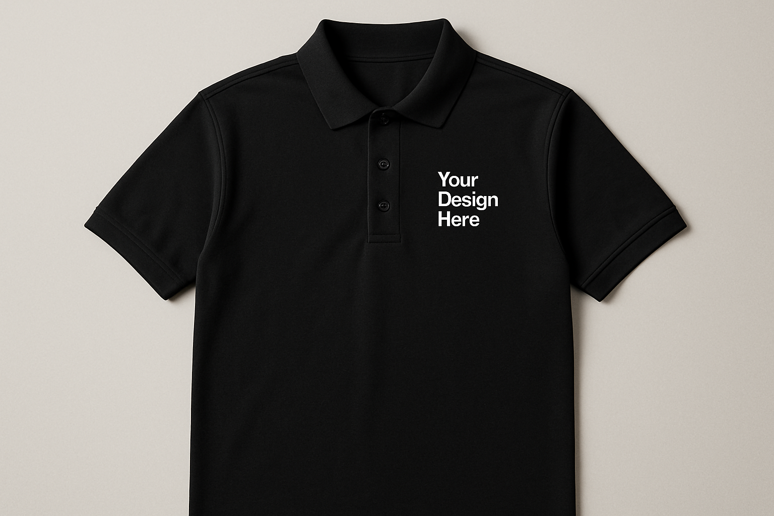 Close-up of a custom polo shirt with a vibrant full-color printed business logo, showcasing professional DTF printing for company uniforms and team apparel.