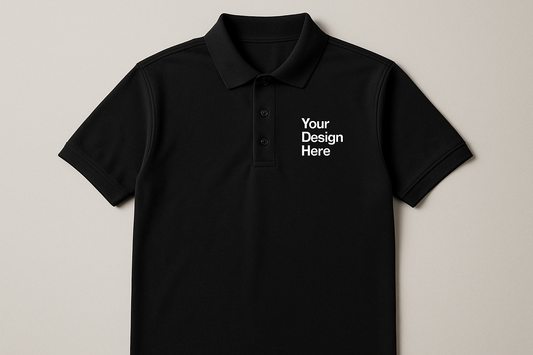 Close-up of a custom polo shirt with a vibrant full-color printed business logo, showcasing professional DTF printing for company uniforms and team apparel.