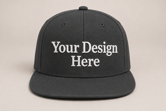 Dark grey snapback hat featuring custom embroidery, ideal for company uniforms, events, and promotional products.
