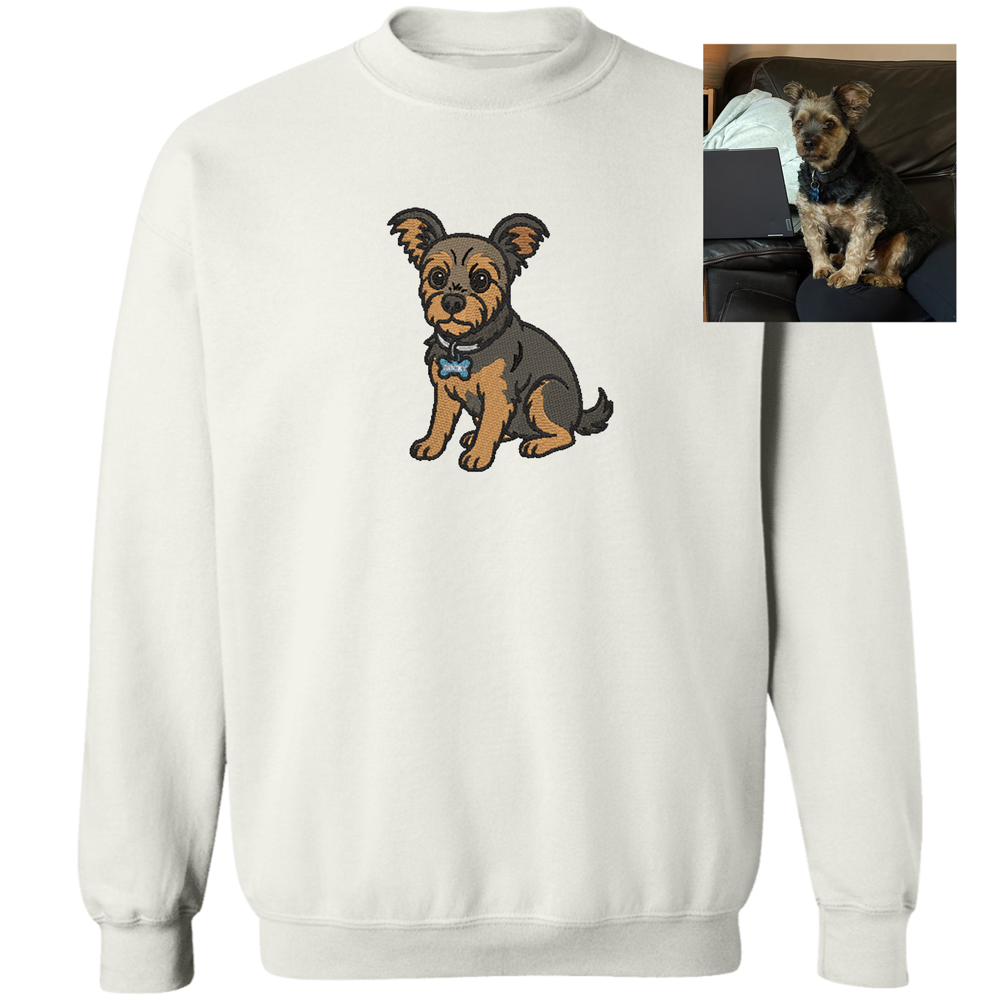 Custom crewneck sweatshirt with detailed embroidery of a dog portrait, perfect for pet lovers.