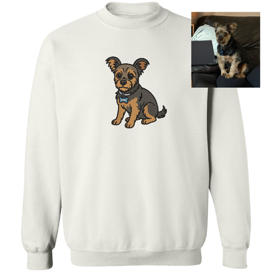 Custom crewneck sweatshirt with detailed embroidery of a dog portrait, perfect for pet lovers.