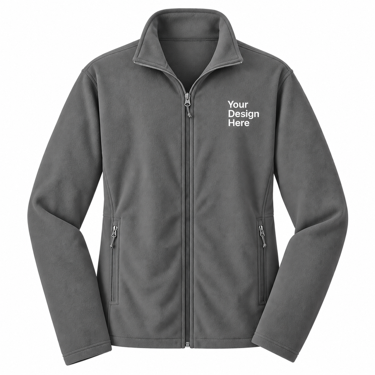 A dark gray zip-up fleece jacket with a mock neck collar, featuring two vertical zippered pockets on the front and white placeholder text on the left chest that reads 'Your Design Here'.