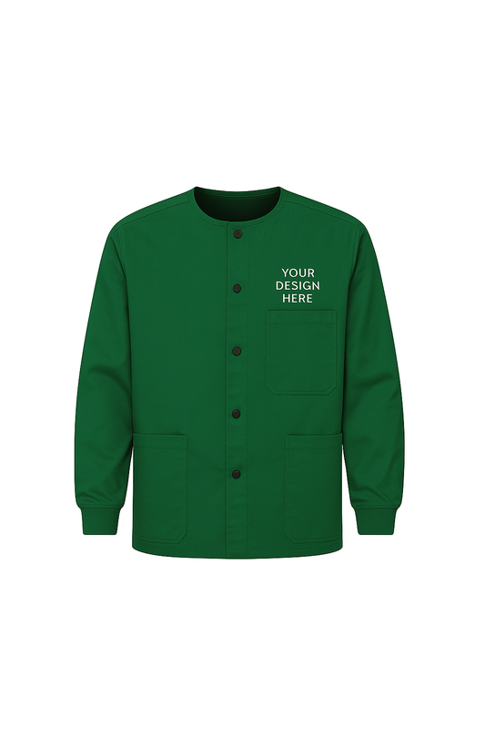 Green jacket with customizable text on a white background
Unisex full-sleeve scrub jacket with embroidered logo on chest, snap-button closure, ribbed cuffs, and 3 pockets. Ideal for medical, dental, and veterinary uniforms.