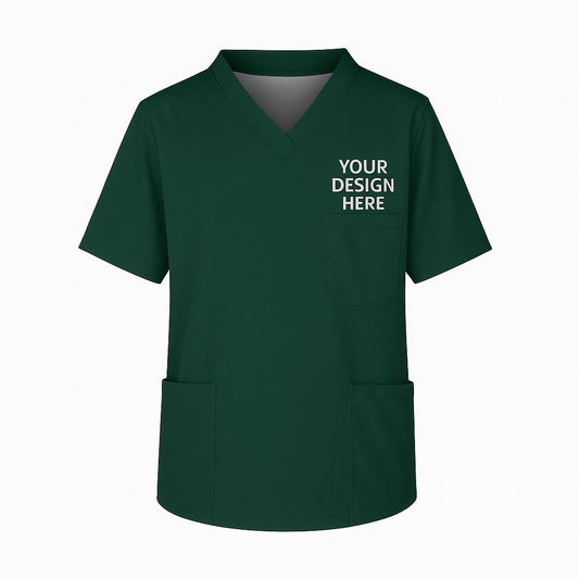 Green scrub top with customizable text on a white background Short sleeve unisex scrub top with V-neck and left chest custom embroidered hospital or business logo. Designed for healthcare professionals.