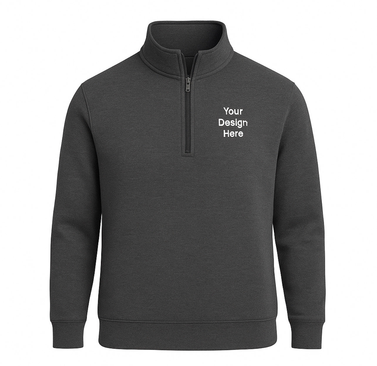 Dark gray half-zip sweatshirt with 'Your Design Here' text on a white background Unisex fleece 1/4-zip sweatshirt with left chest business logo embroidery. Available in multiple colors from Sharp Stitch in Niles, IL. Professional workwear 1/4-zip fleece designed for corporate staff uniforms and team apparel with custom embroidery.