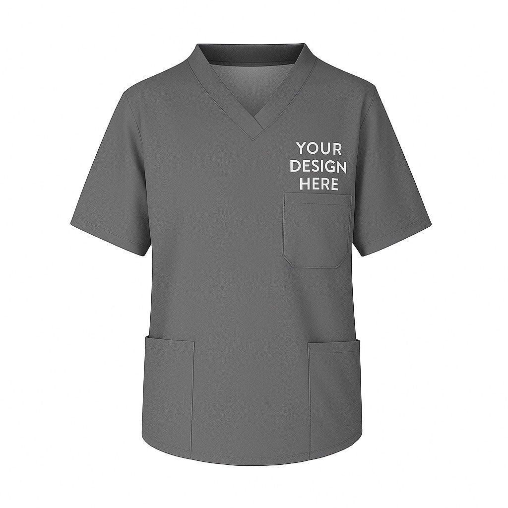Grey Short sleeve unisex scrub top featuring V-neck and left chest full-color DTF printed hospital or business logo. Designed for medical staff.