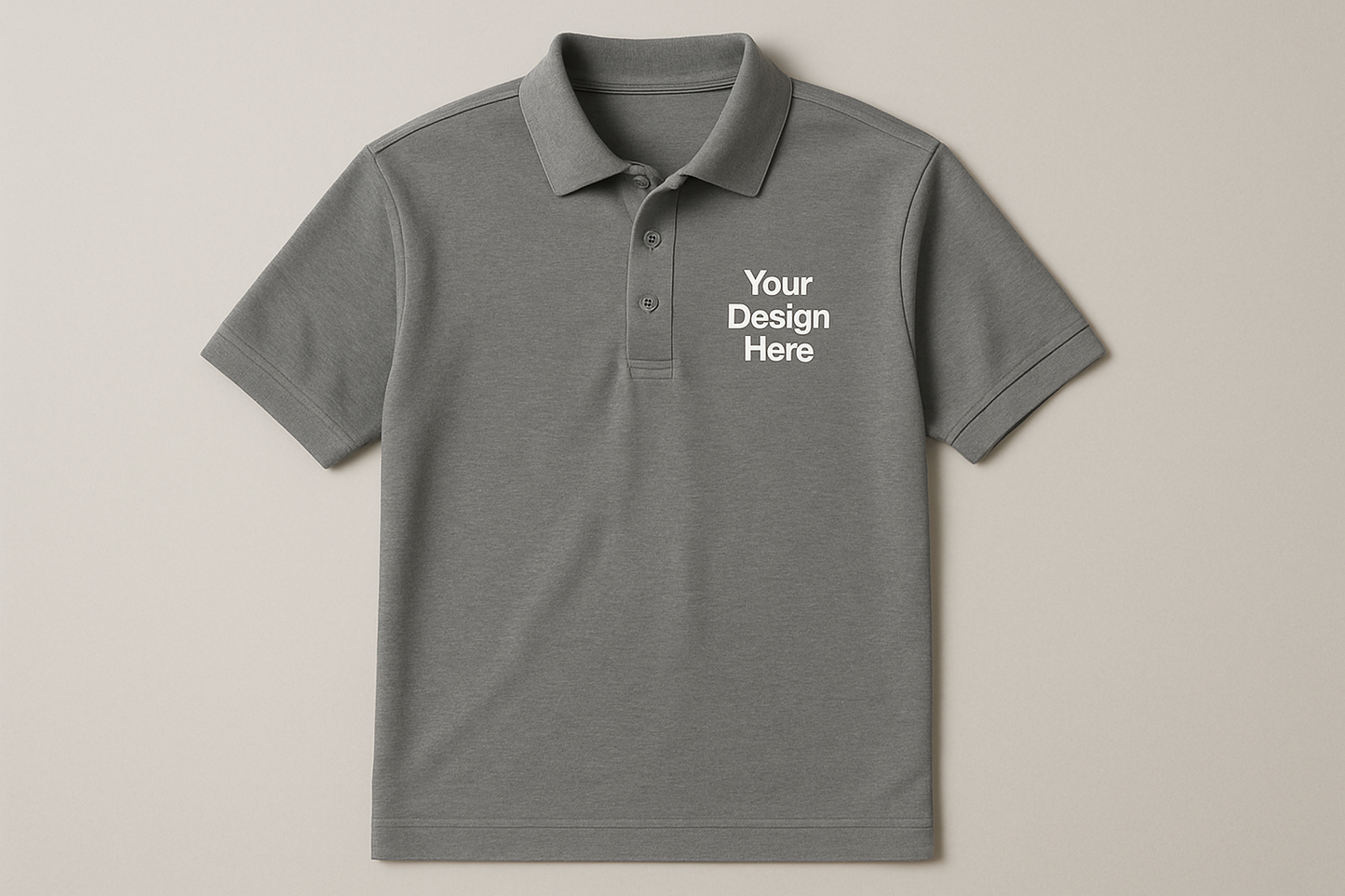 Gray polo shirt with 'Your Design Here' text on a beige background
Short sleeve unisex polo shirt with embroidered left chest company logo. Available in multiple colors and sizes from Sharp Stitch in Niles, IL.