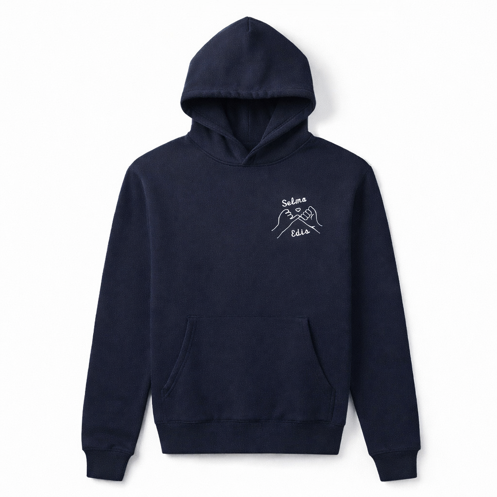 Navy custom couples hoodie with pinky promise chest embroidery. Ideal for gifts, matching outfits, and bulk custom apparel orders.