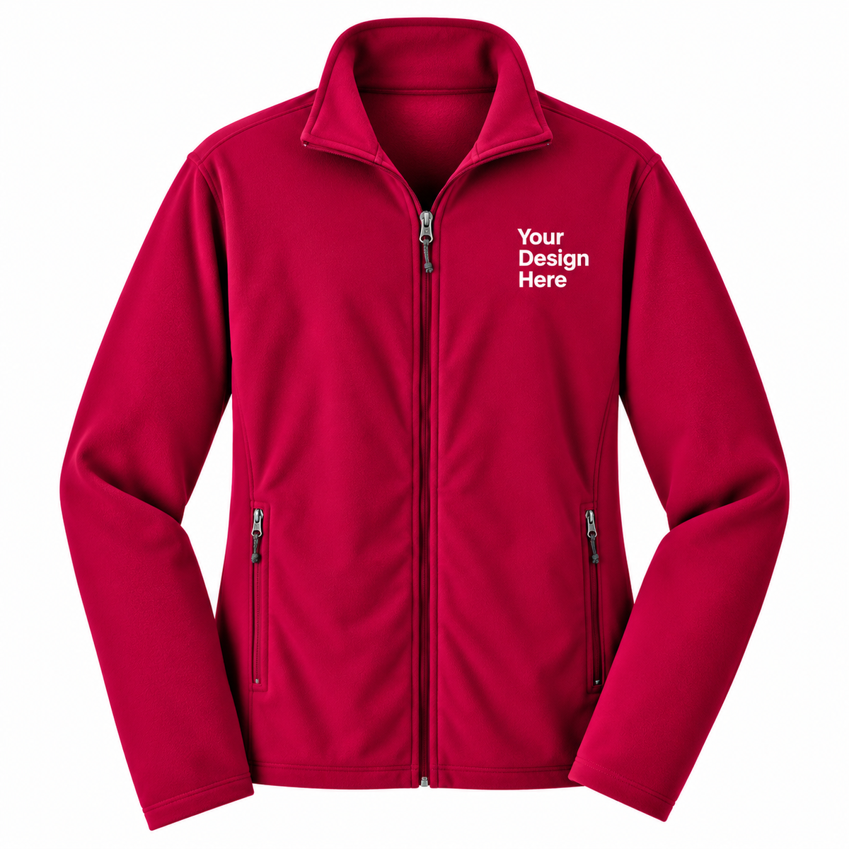 A red full-zip fleece jacket with a stand-up collar, two zippered hand pockets, and white placeholder text on the left chest reading 'Your Design Here', shown on a plain white background.
