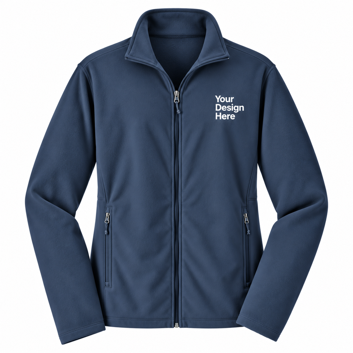 A navy blue zip-up jacket with a stand collar, shown on a plain white background. The left chest features white placeholder text reading 'Your Design Here' indicating a customizable print area.