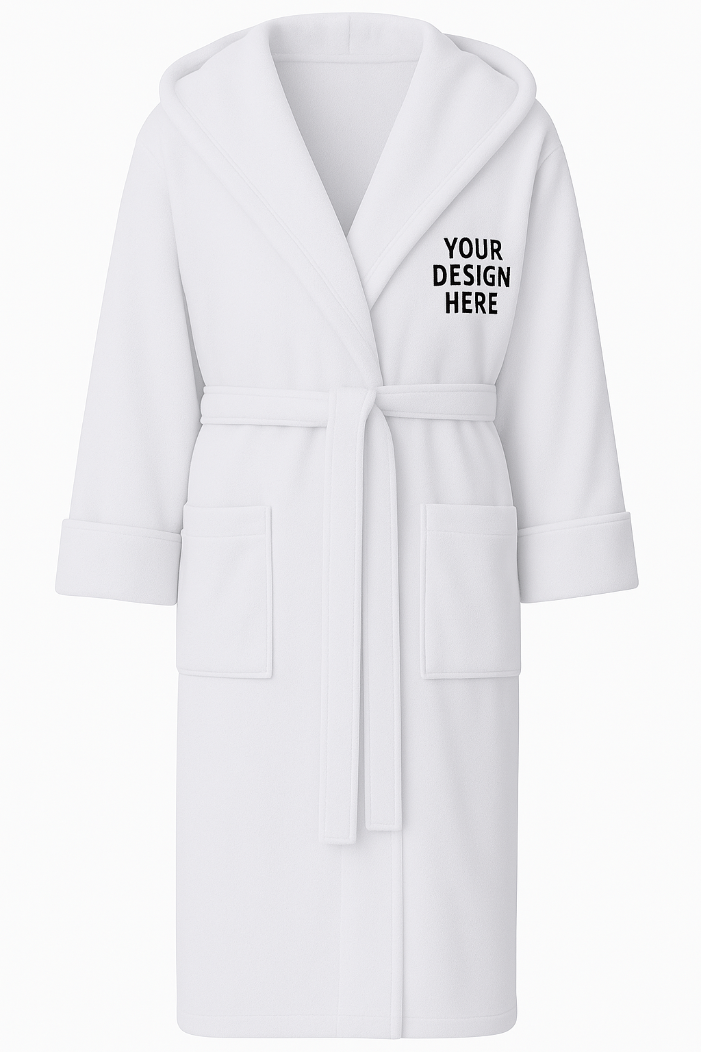 White robe with text 'Your Design Here' on a white background
Unisex plush fleece bathrobe with shawl collar, waist belt, and front pockets. Custom embroidered logo on chest. Perfect for spa, hotel, or lounge wear.