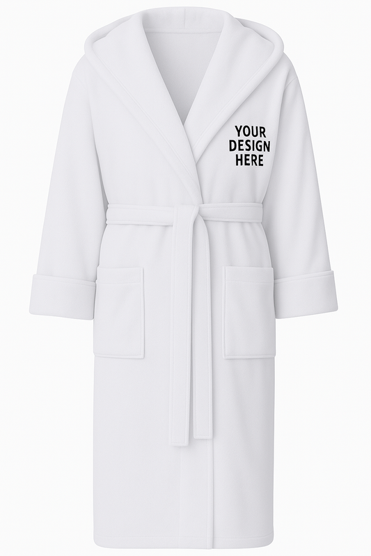White robe with text 'Your Design Here' on a white background
Unisex plush fleece bathrobe with shawl collar, waist belt, and front pockets. Custom embroidered logo on chest. Perfect for spa, hotel, or lounge wear.