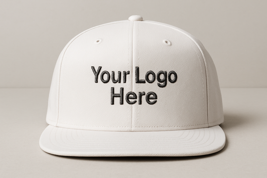 White Professional embroidered logo snapback cap, adjustable structured hat for businesses, sports teams, and events
