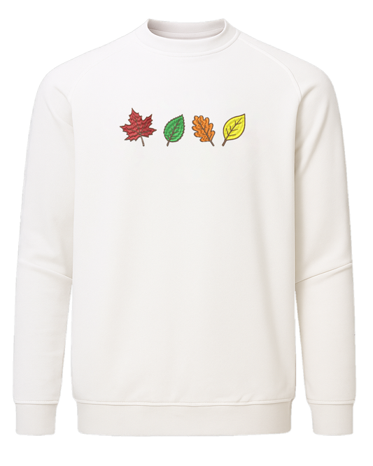 Autumn leaves embroidered patch with red, green, orange, and yellow design, iron-on embroidery for jackets, bags, and fall fashion