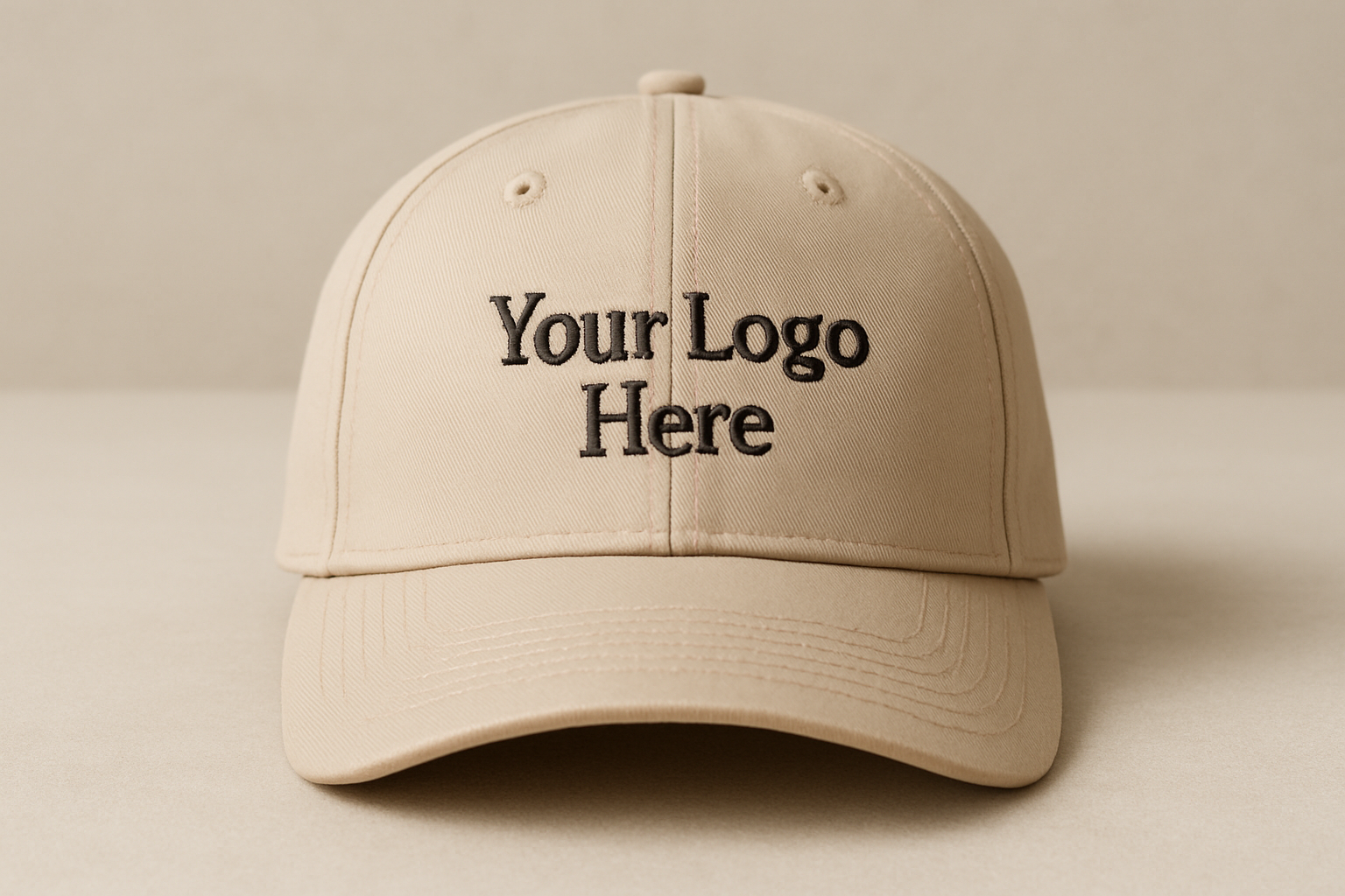Beige baseball cap, facing forward, with the text: "Your Logo Here" on the cap embroidered
