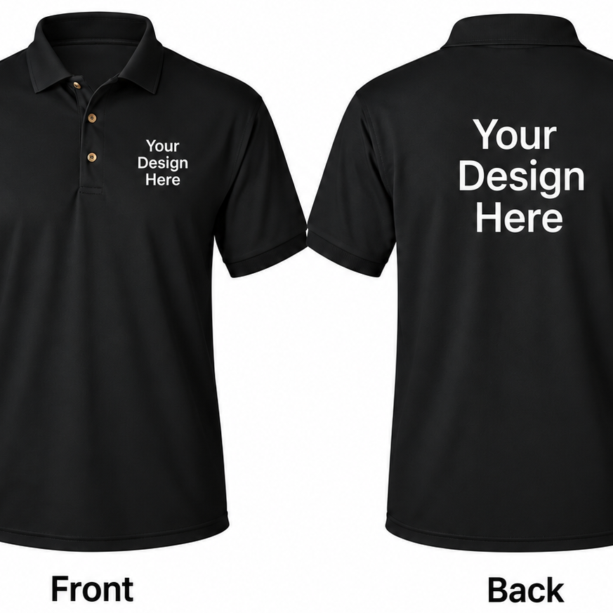 Black custom men’s polo showing front and back design placement