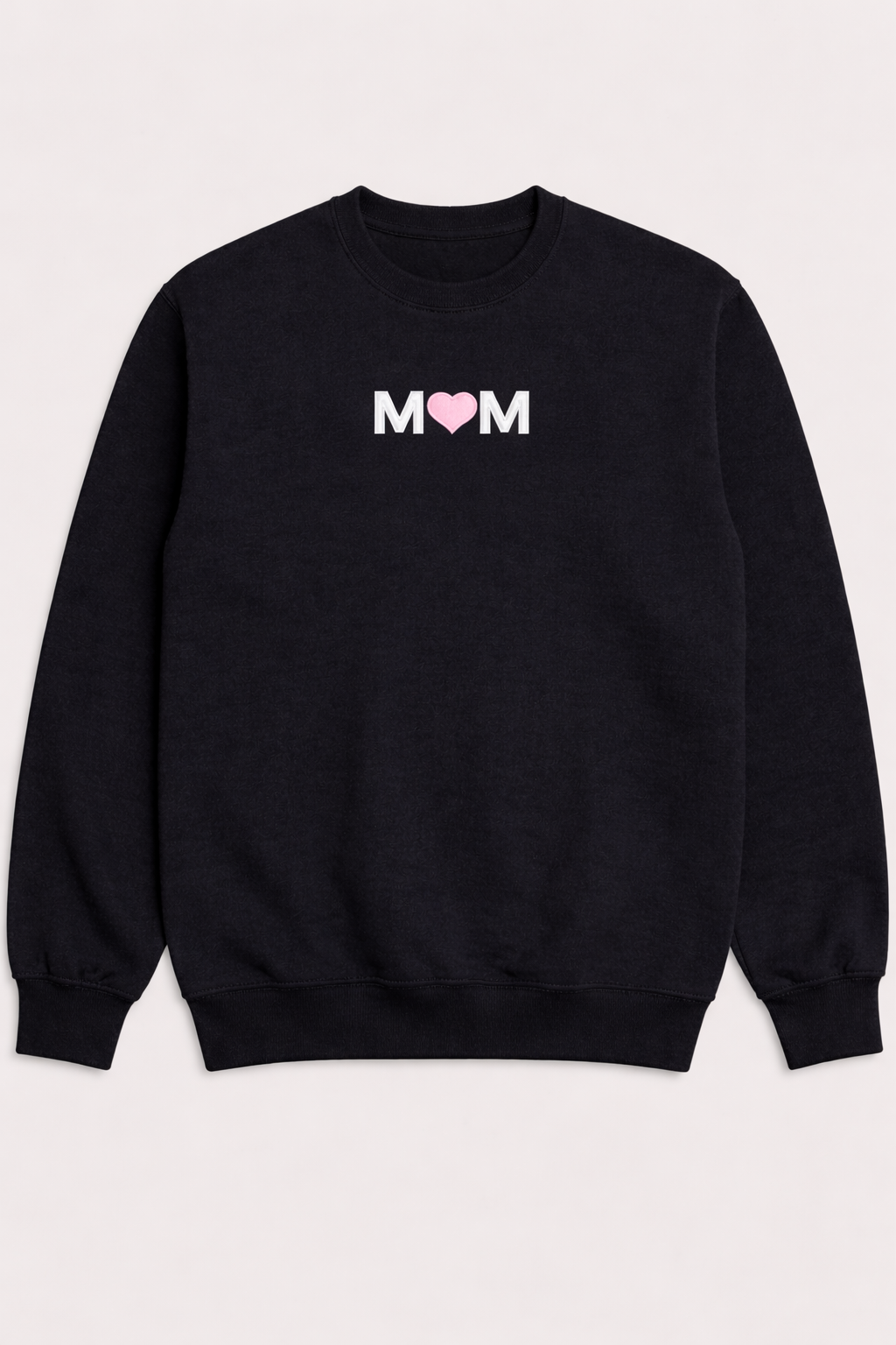 Black crewneck sweatshirt featuring a minimalist embroidered MOM design with a pink heart, perfect for Mother’s Day gift