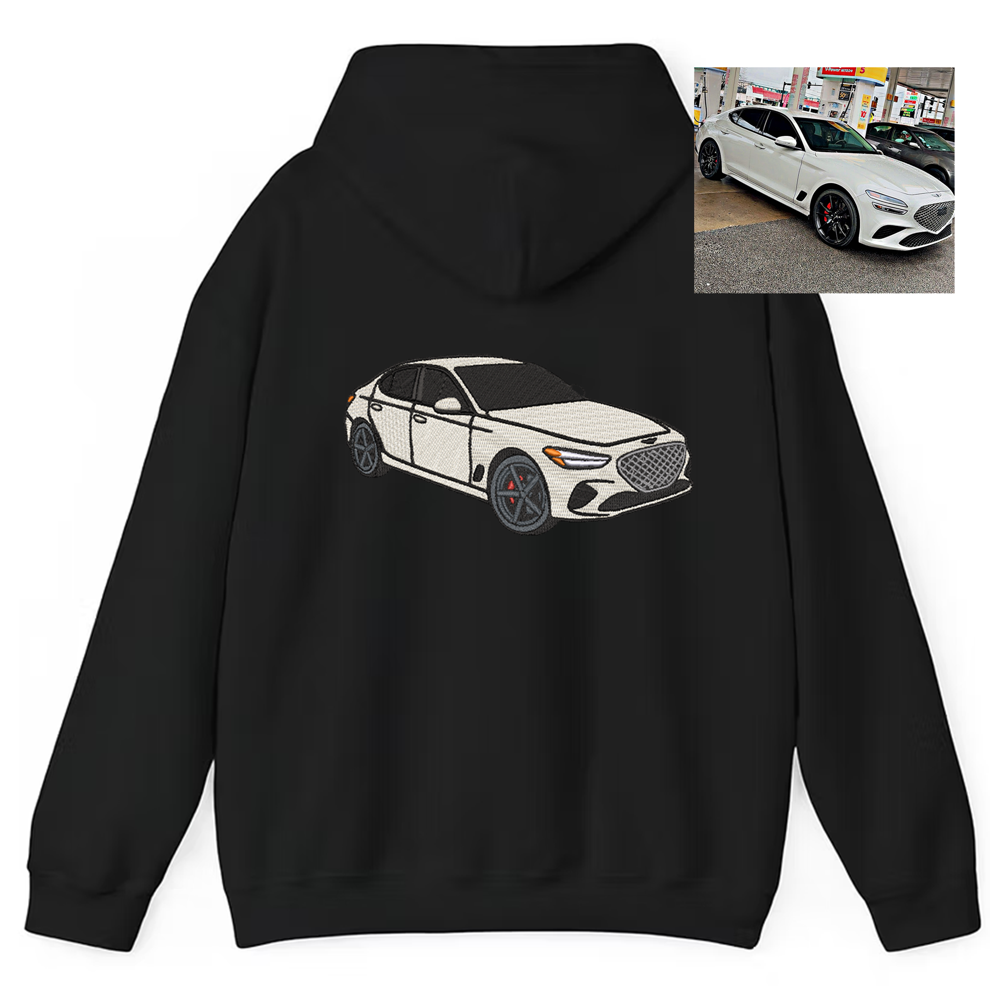 Hoodie with precision embroidery of a sports car design, blending streetwear style with premium stitching. Genesis