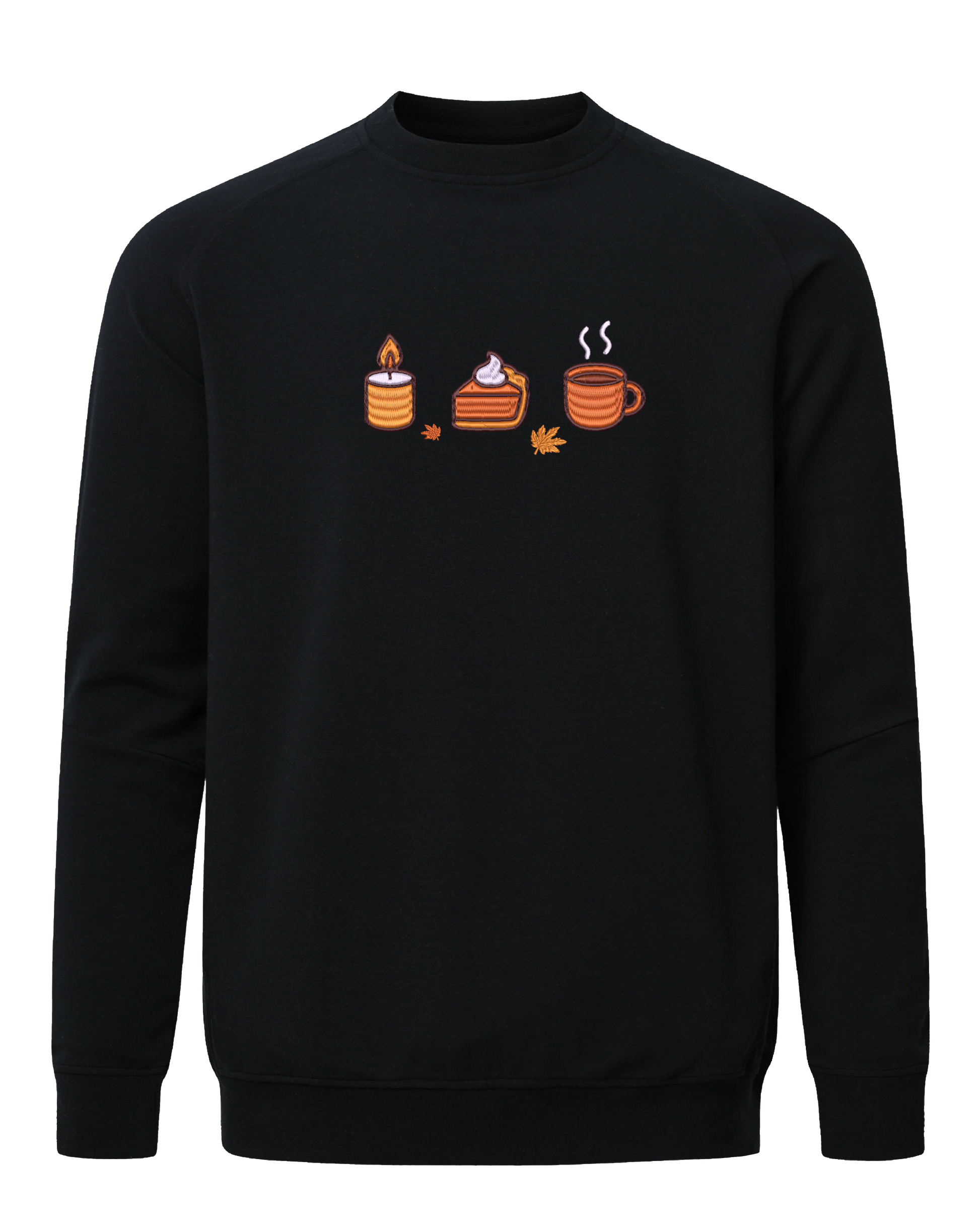 Cozy fall embroidered sweatshirt with candle, pumpkin pie, coffee cup, and autumn leaves design, perfect for seasonal autumn wear