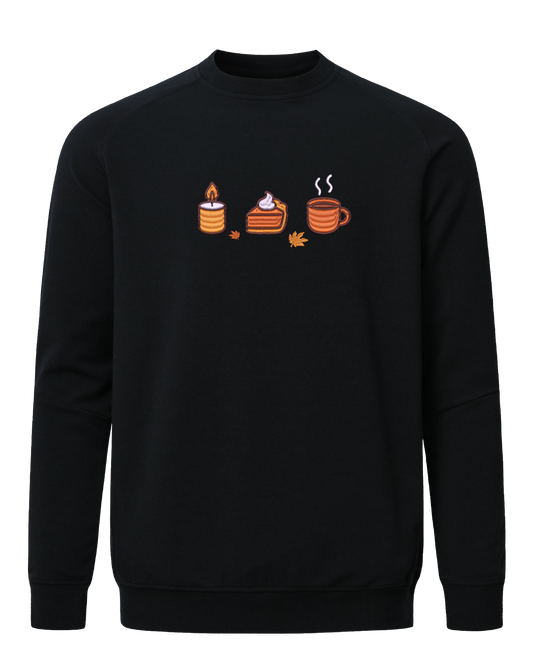 Cozy fall embroidered sweatshirt with candle, pumpkin pie, coffee cup, and autumn leaves design, perfect for seasonal autumn wear