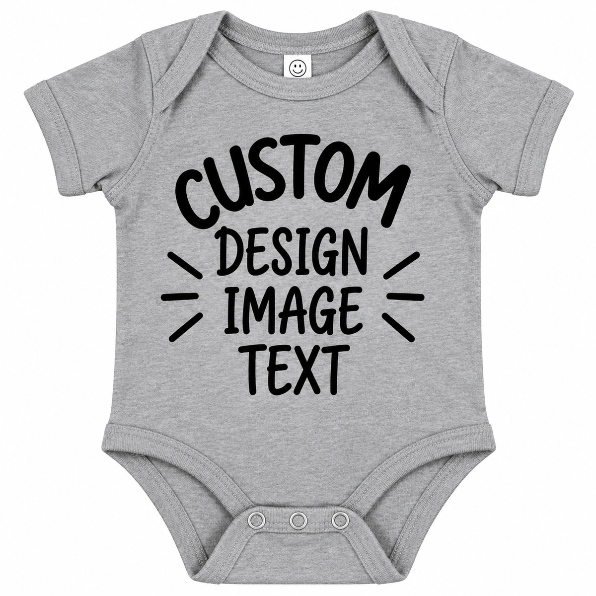 A light heather gray baby bodysuit with short sleeves and three snap closures at the crotch. The front features a black graphic text reading 'CUSTOM DESIGN IMAGE TEXT' with decorative line accents.