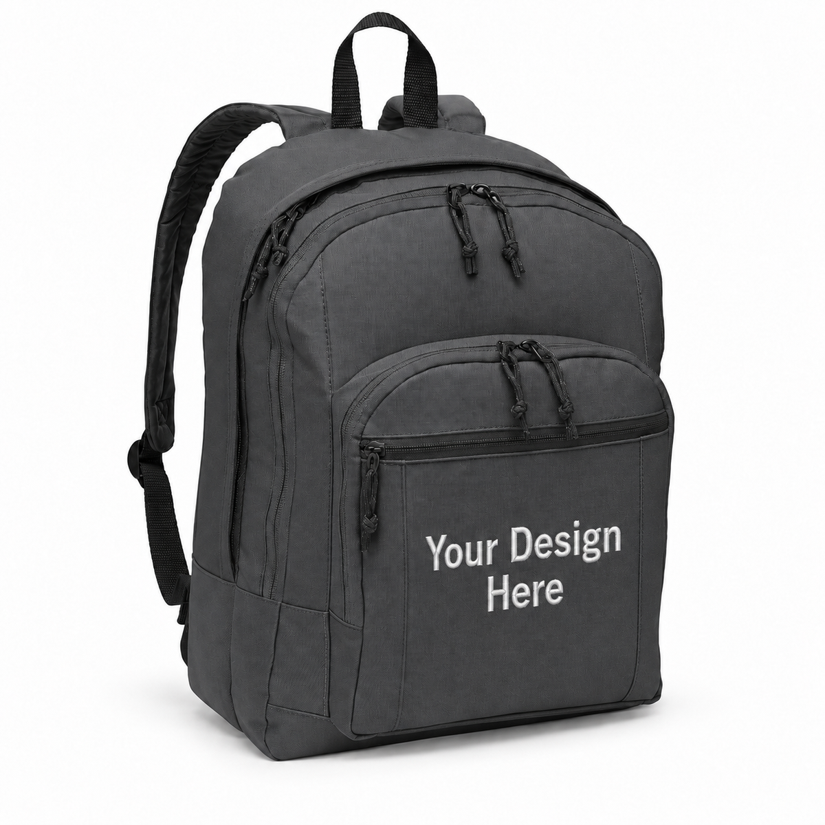 Custom basic backpack in Dark Charcoal with Your Design Here centered on the front pocket