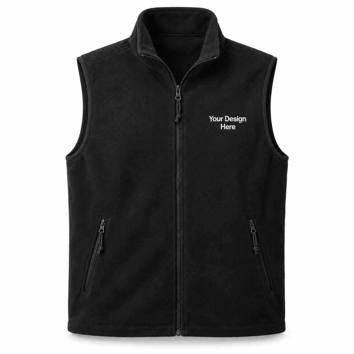 Black custom fleece vest with white front left-chest embroidery